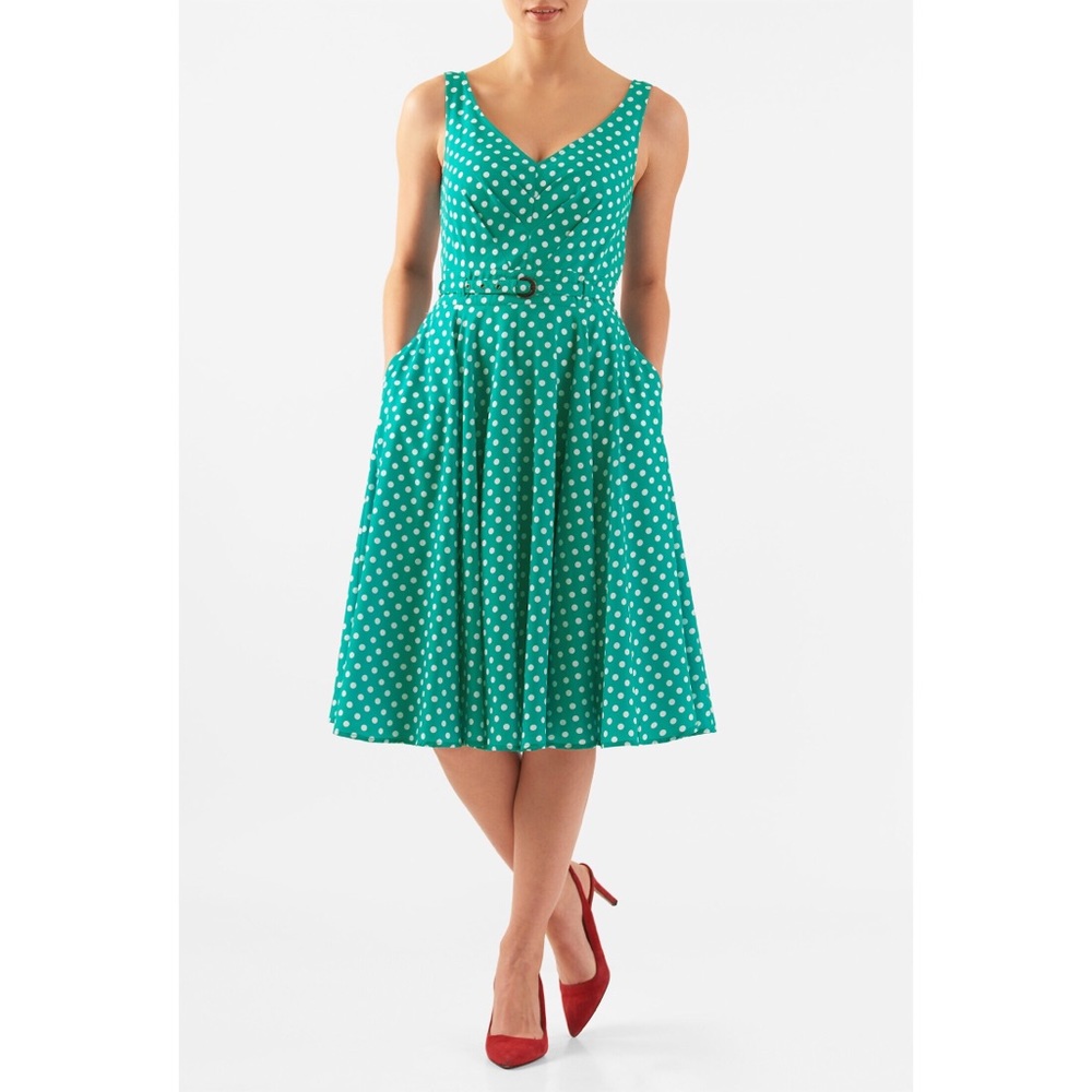 eShakti Polka Dot Print Pleated Crepe Dress